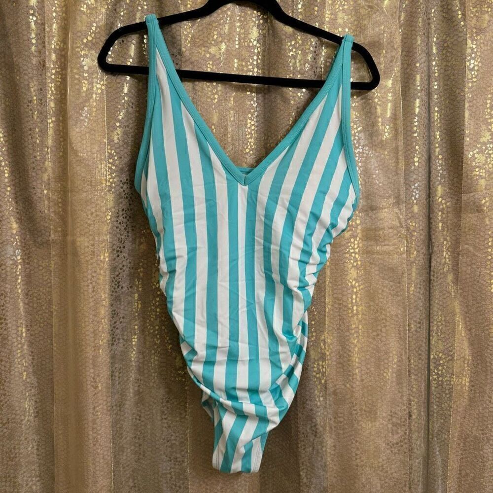 Kona Sol Aqua Teal Striped High Leg One Piece Swim Suit Size 14W